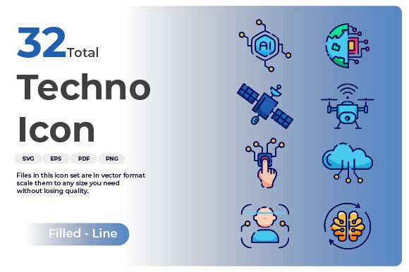 🚀 32 Premium Technology Icons – Filled Line Style for Crafters