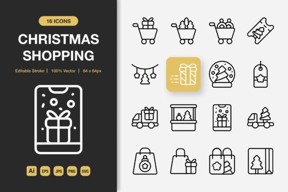 Christmas Shopping Outline Icons: A Graphic Design Asset for Polished Content