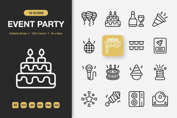 Event Party Outline Icons: A Versatile Graphic Design Asset for Local Businesses
