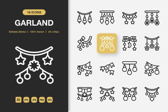 Garland Outline Icons: A Minimalist Embroidery Design for Versatile Projects