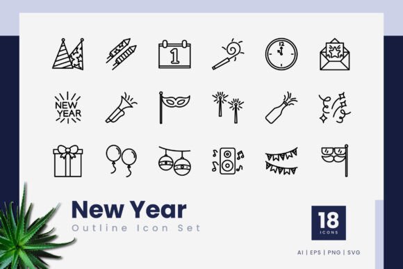 New Year Outline Icons: Graphics & Icons for Creative Publishing