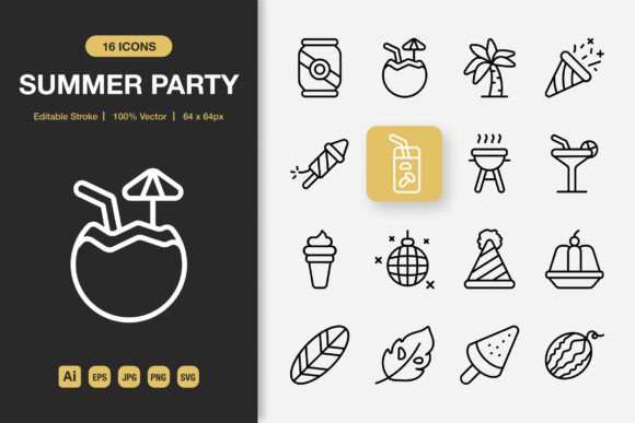Summer Party Outline Icons: A Graphic Design Asset for Polished Content Publishing