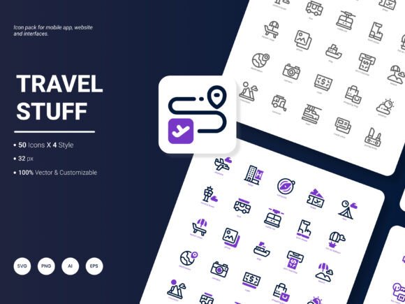 Travel Stuff Icon Pack: A Modern Graphic Design Asset for Content Creators