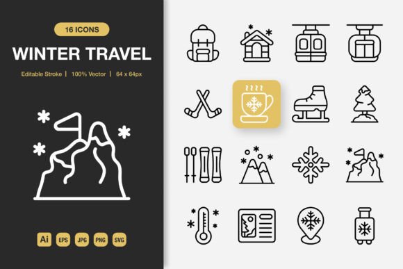 Winter Travel Outline Icons: A Modern Graphic Design Asset for Content Creators
